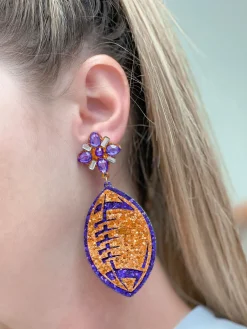 Glitter & Rhinestone College Football Dangle Earrings - Orange & Purple