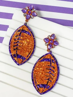 Glitter & Rhinestone College Football Dangle Earrings - Orange & Purple