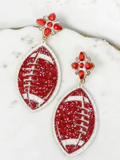 Glitter & Rhinestone College Football Dangle Earrings - Burgundy & White