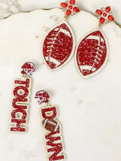 Glitter & Rhinestone College Football Dangle Earrings - Burgundy & White