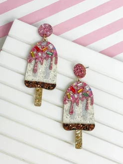 Glitter & Rhinestone Popsicle Dangle Earrings - Strawberry