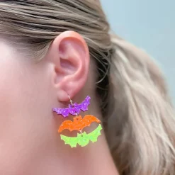 Glitter Bat Trio Dangle Earrings - Neon