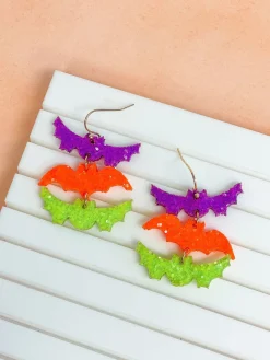 Glitter Bat Trio Dangle Earrings - Neon