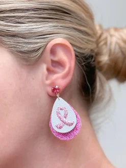 Glitter Breast Cancer Ribbon Guitar Pick Dangle Earrings