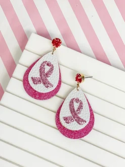 Glitter Breast Cancer Ribbon Guitar Pick Dangle Earrings