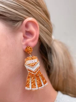 Glitter Cheerleader Dress Dangle Earrings - Orange & White