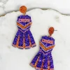Glitter Cheerleader Dress Dangle Earrings - Orange & Purple