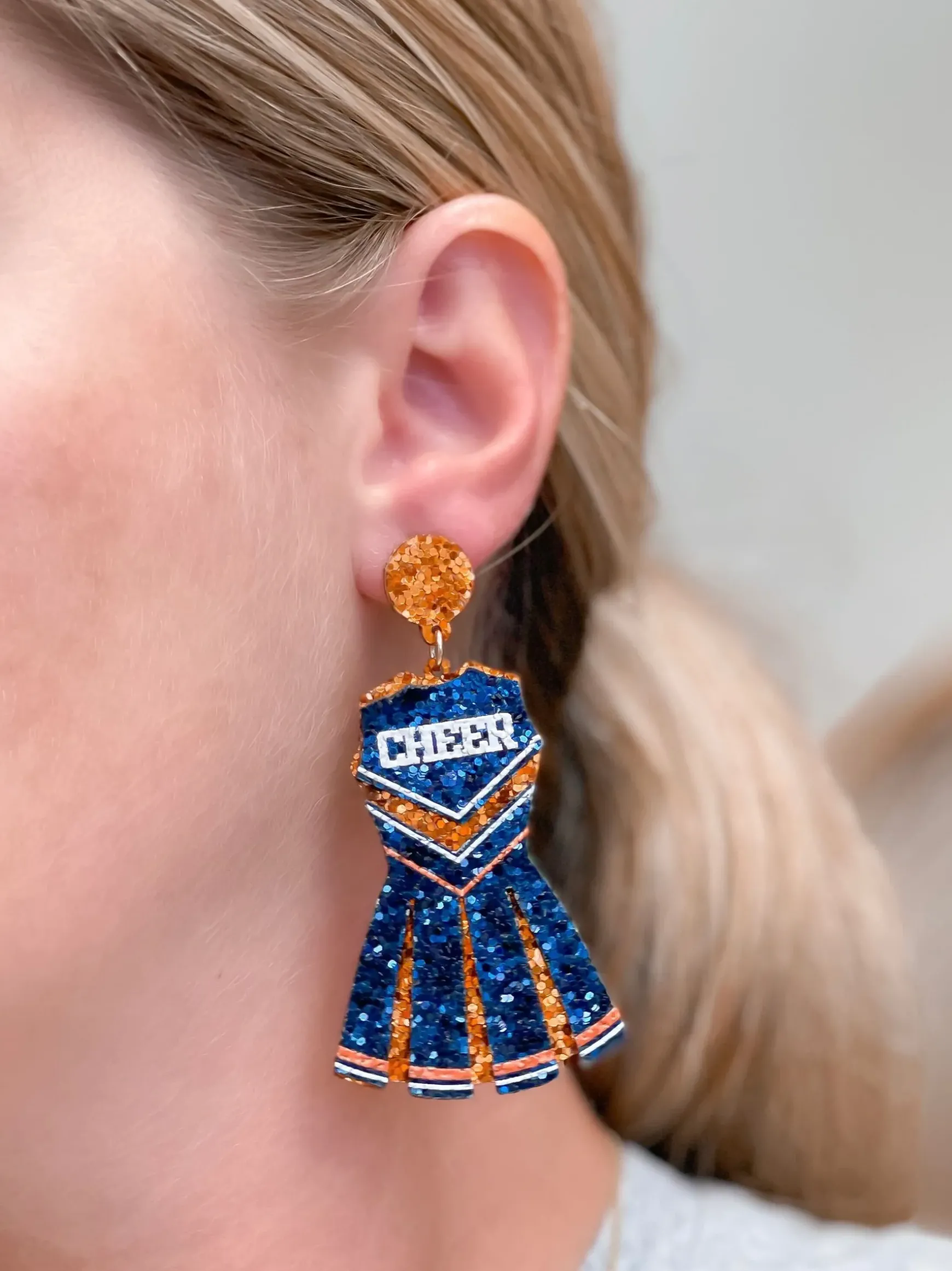 Glitter Cheerleader Dress Dangle Earrings - Navy & Orange