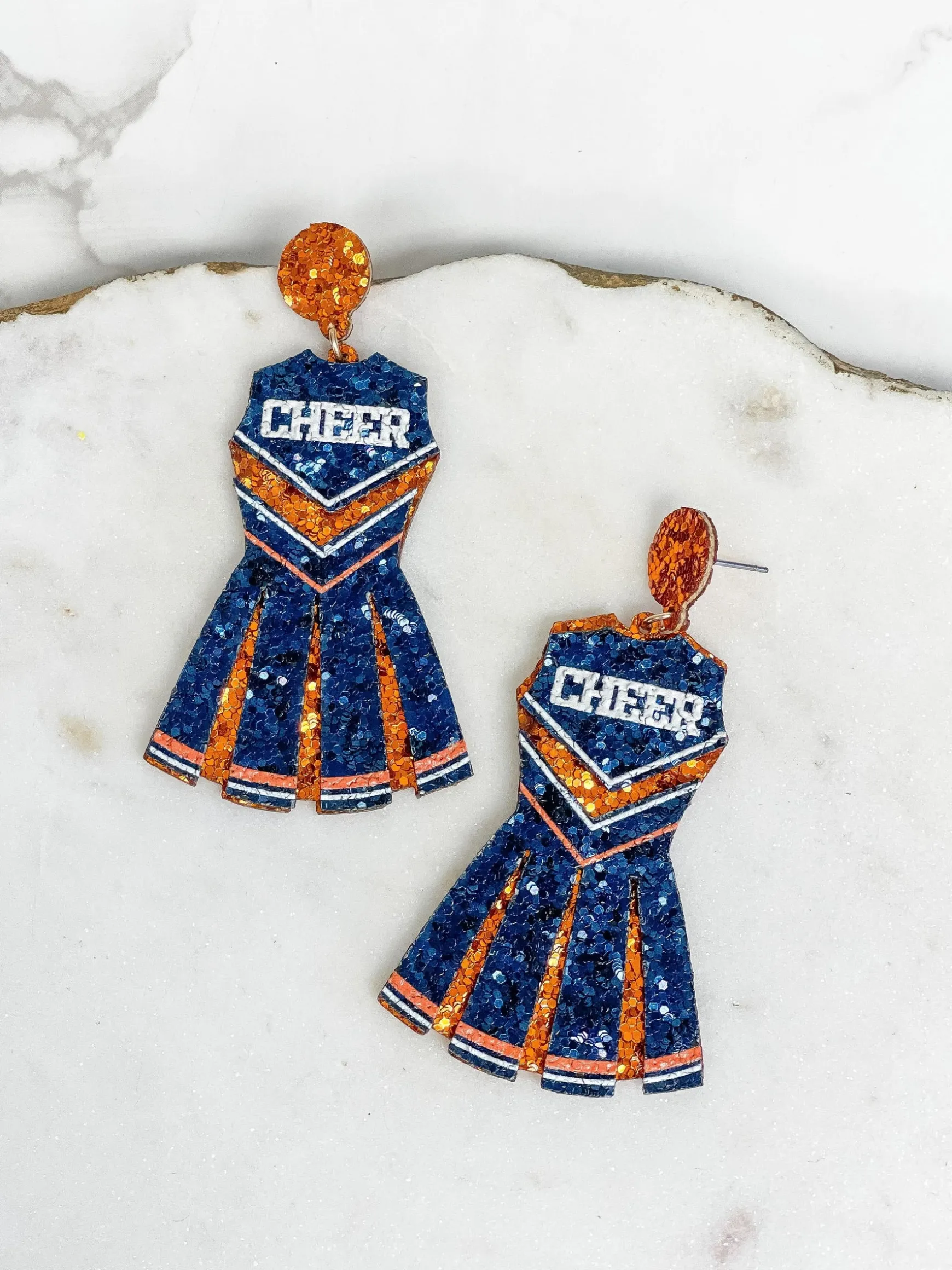 Glitter Cheerleader Dress Dangle Earrings - Navy & Orange