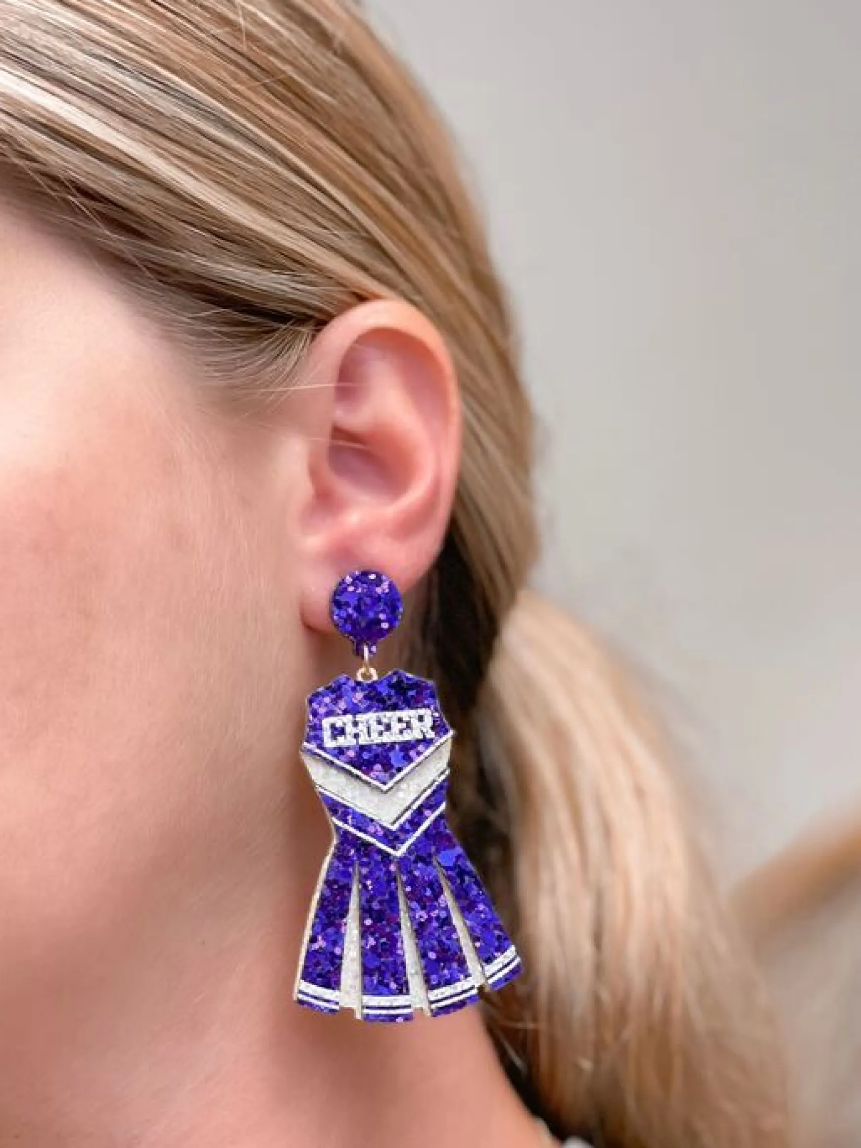 Glitter Cheerleader Dress Dangle Earrings - Purple & White
