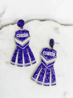 Glitter Cheerleader Dress Dangle Earrings - Purple & White