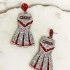 Glitter Cheerleader Dress Dangle Earrings - Silver & Burgundy