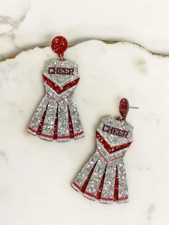 Glitter Cheerleader Dress Dangle Earrings - Silver & Burgundy