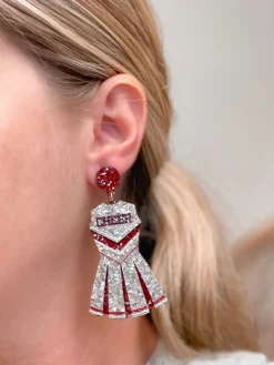 Glitter Cheerleader Dress Dangle Earrings - Silver & Burgundy