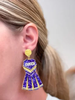 Glitter Cheerleader Dress Dangle Earrings - Yellow & Purple