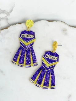 Glitter Cheerleader Dress Dangle Earrings - Yellow & Purple