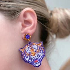 Glitter College Football Tiger Earrings - Orange & Purple