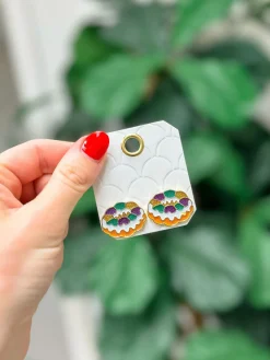 Glitter Enamel King Cake Stud Earrings