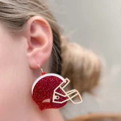 Glitter Football Helmet Dangle Earrings - Red