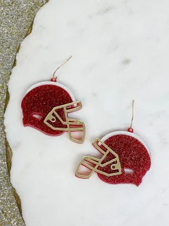 Glitter Football Helmet Dangle Earrings - Red