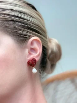 Glitter Heart Pearl Drop Earrings - Red