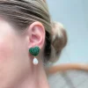 Glitter Heart Pearl Drop Earrings - Green