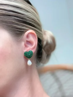 Glitter Heart Pearl Drop Earrings - Green