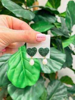 Glitter Heart Pearl Drop Earrings - Green