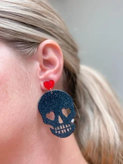 Glitter Heart Skull Dangle Earrings