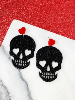Glitter Heart Skull Dangle Earrings