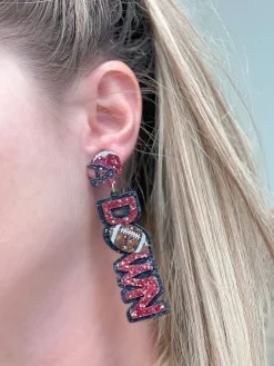 Glitter 'Touch Down' Football Dangle Earrings - Burgundy & Black