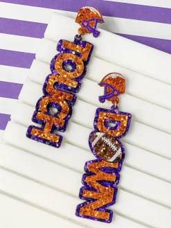 Glitter 'Touch Down' Football Dangle Earrings - Orange & Purple