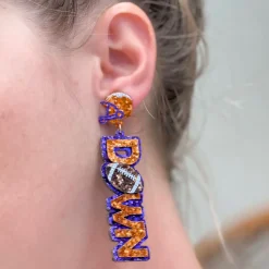 Glitter 'Touch Down' Football Dangle Earrings - Orange & Purple