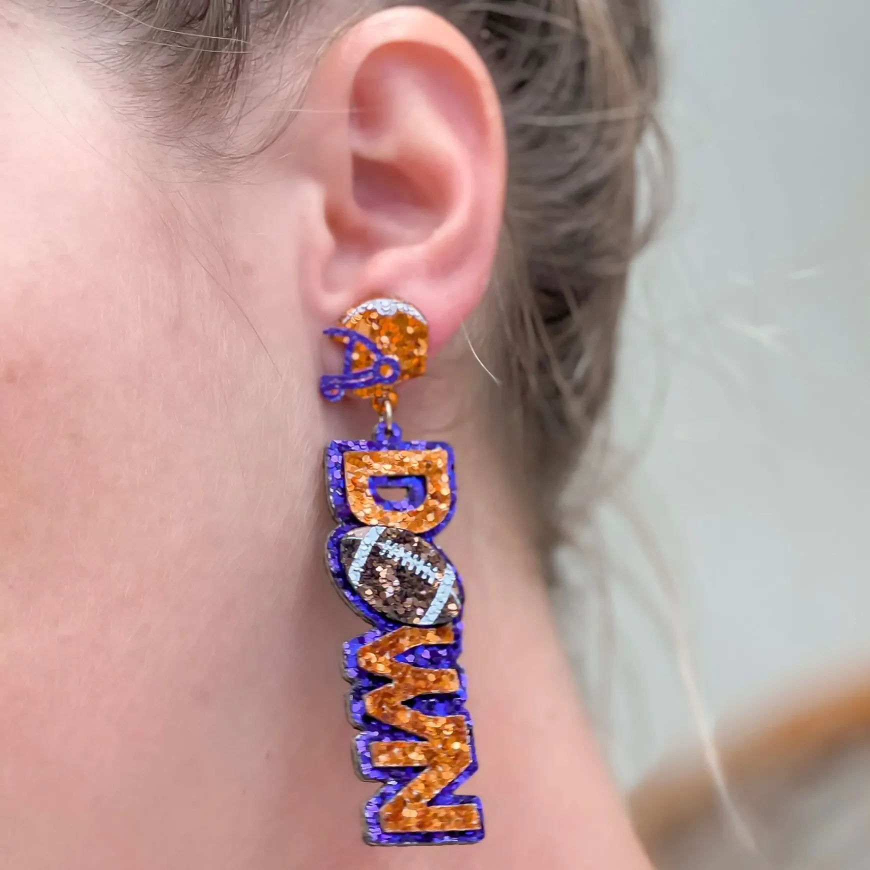 Glitter 'Touch Down' Football Dangle Earrings - Orange & Purple