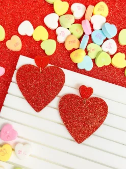 Glittery Double Heart Dangle Earrings
