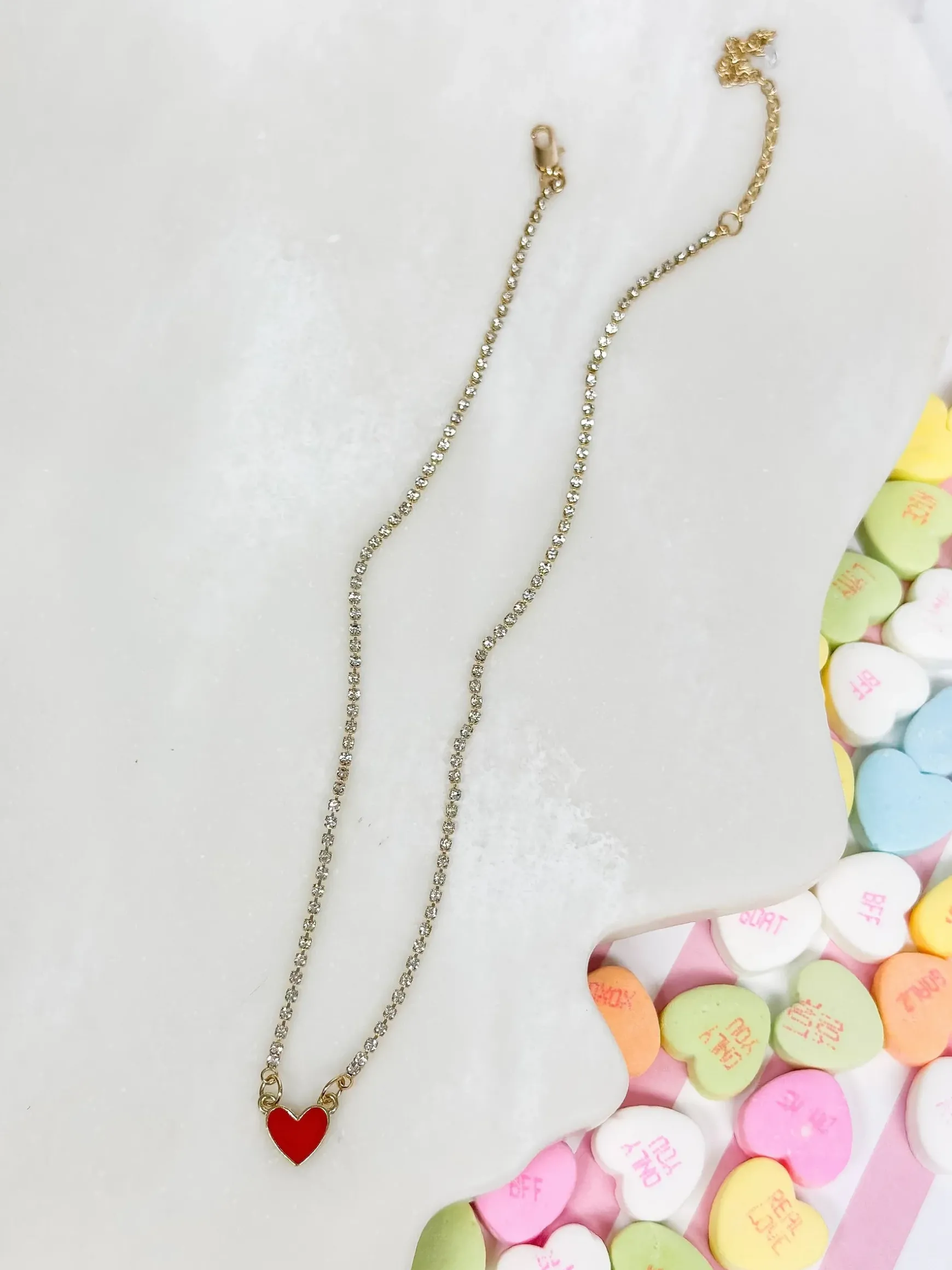 Glitzy Chain Heart Necklace - Red