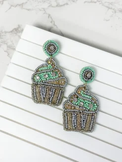 Glitzy Cupcake Beaded Dangle Earrings - Mint