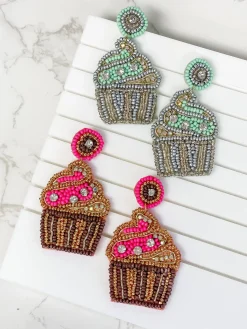 Glitzy Cupcake Beaded Dangle Earrings - Mint