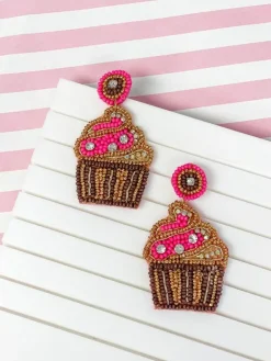 Glitzy Cupcake Beaded Dangle Earrings - Hot Pink