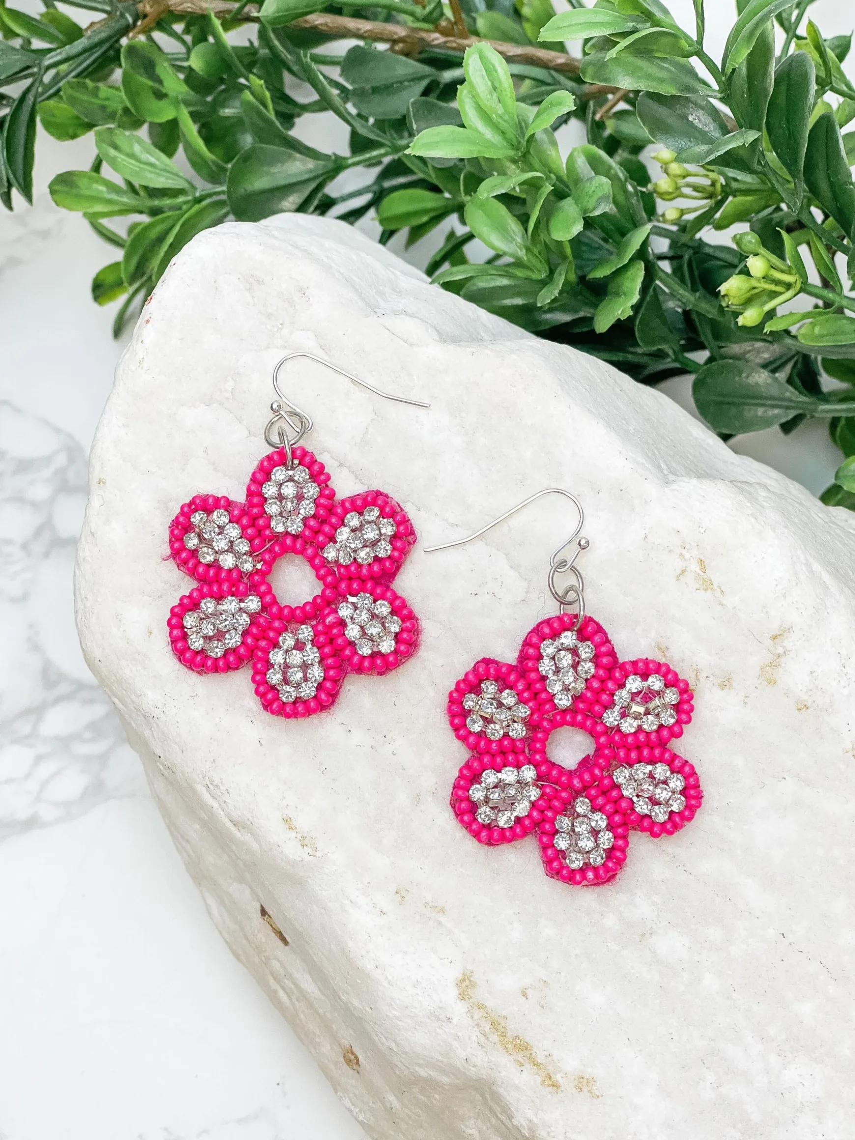 Glitzy Flower Beaded Dangle Earrings - Hot Pink