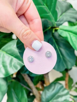 Glitzy Halo Circle Stud Earrings - Silver