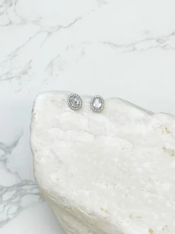 Glitzy Halo Oval Stud Earrings - Silver
