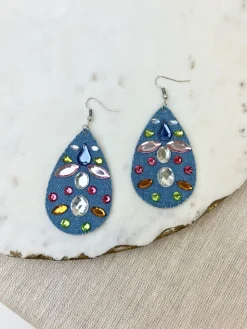Glitzy Jewel Denim Dangle Earrings