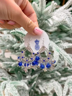Glitzy Jingle Bell Statement Earrings - Blue & Silver