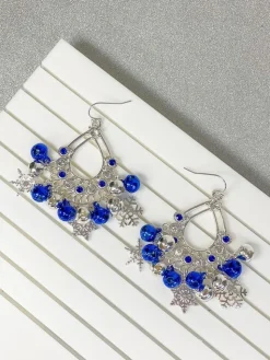 Glitzy Jingle Bell Statement Earrings - Blue & Silver