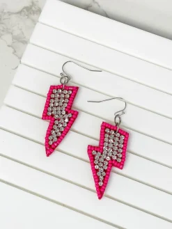 Glitzy Lightning Bolt Beaded Dangle Earrings - Hot Pink