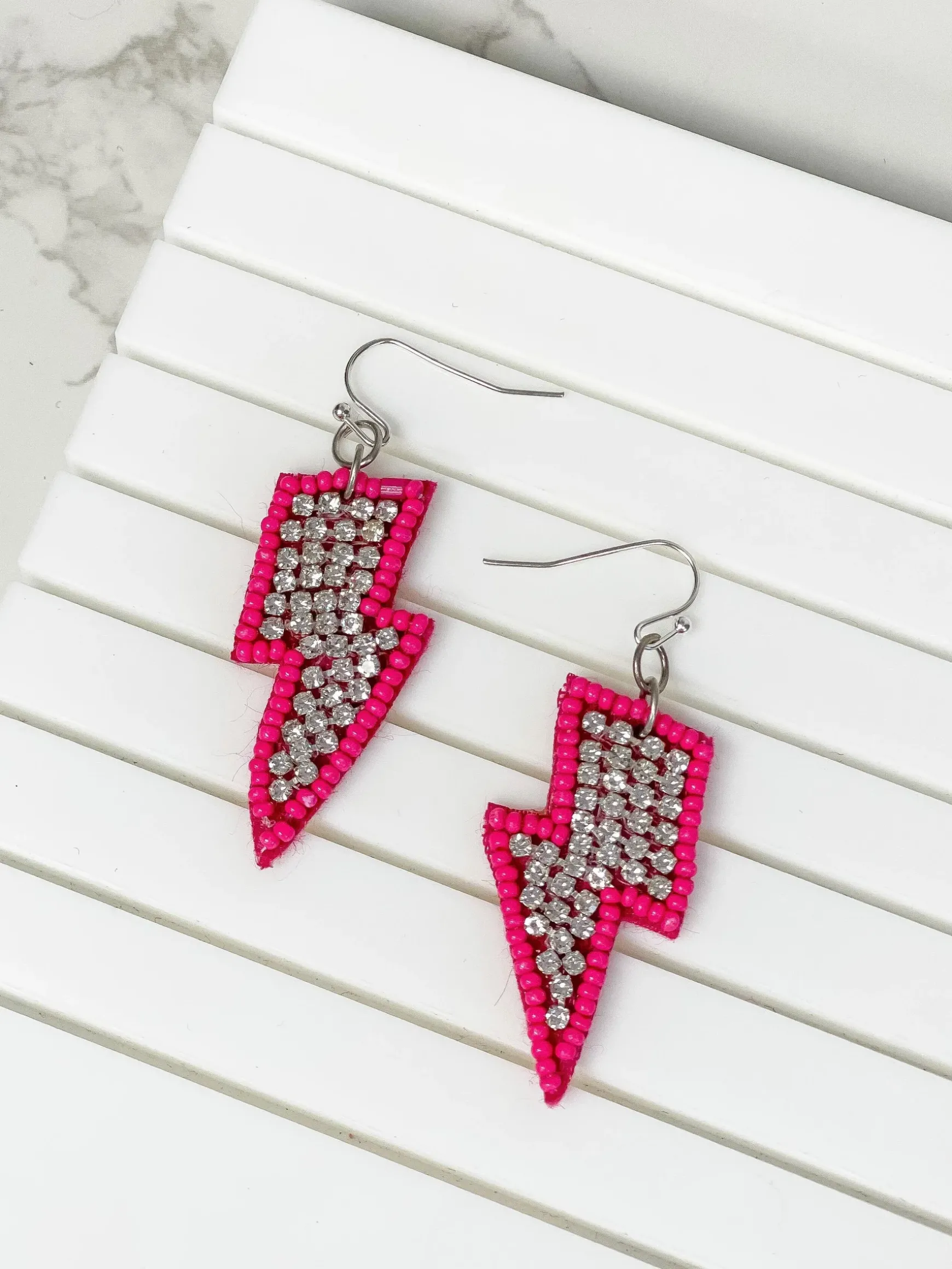 Glitzy Lightning Bolt Beaded Dangle Earrings - Hot Pink