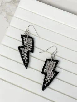 Glitzy Lightning Bolt Beaded Dangle Earrings - Black