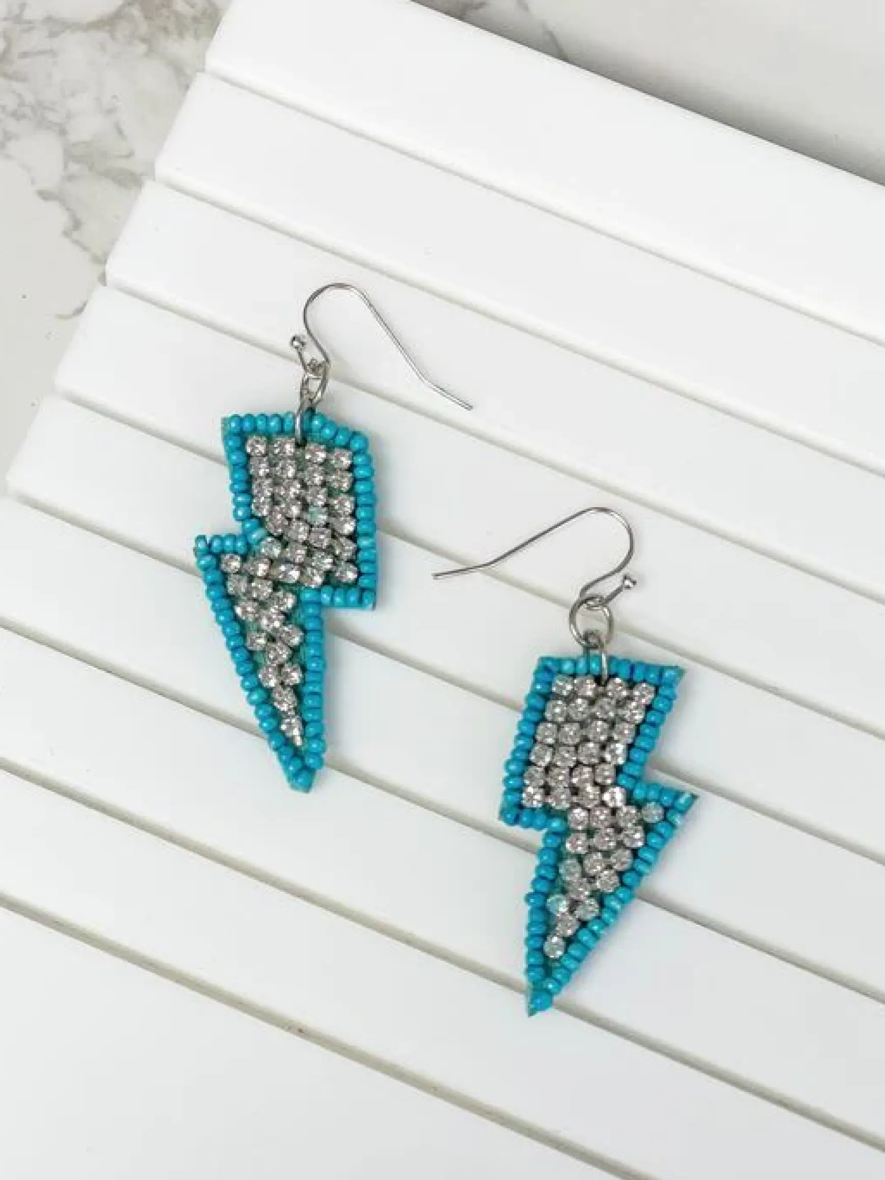 Glitzy Lightning Bolt Beaded Dangle Earrings - Turquoise