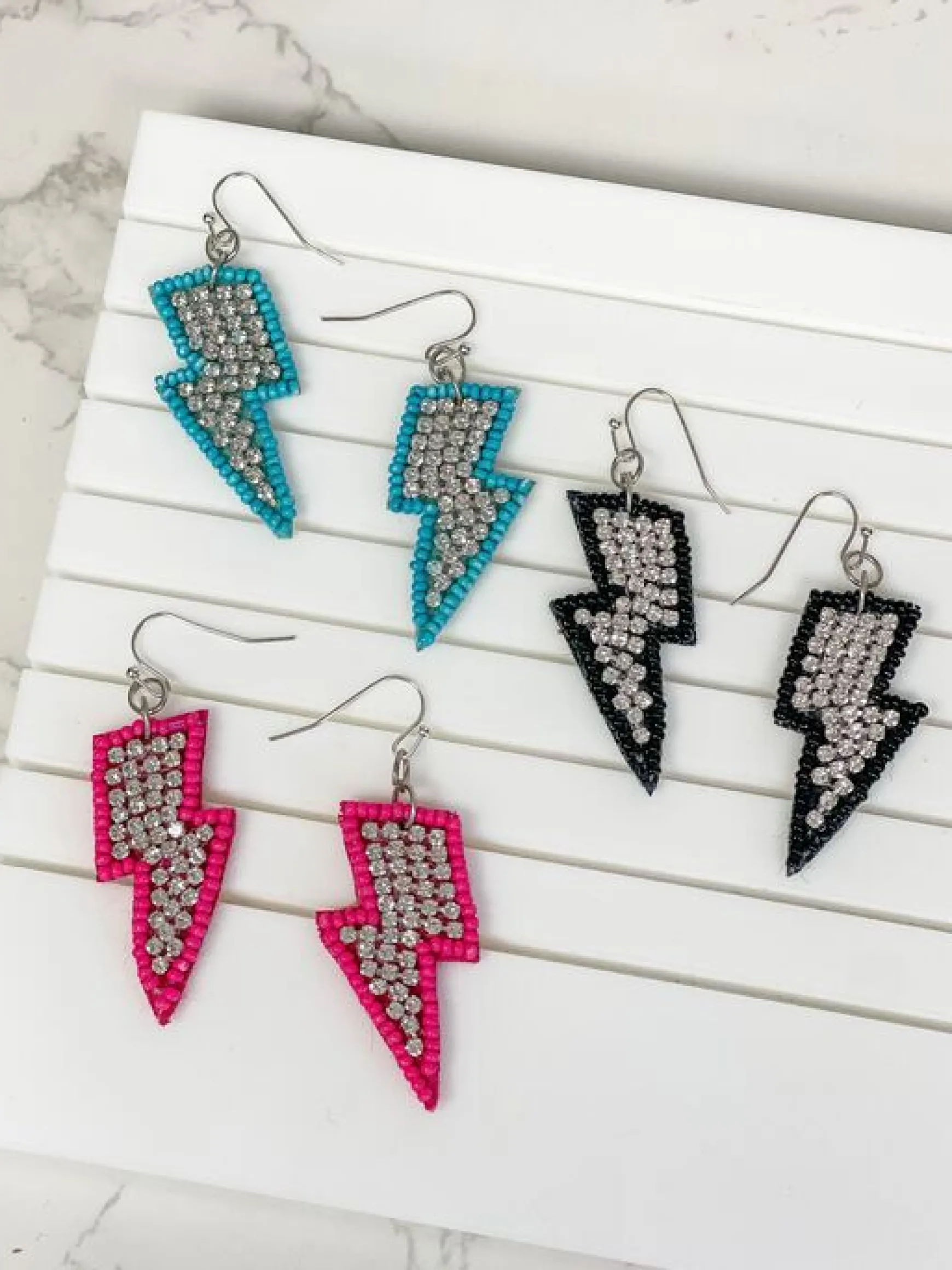 Glitzy Lightning Bolt Beaded Dangle Earrings - Turquoise